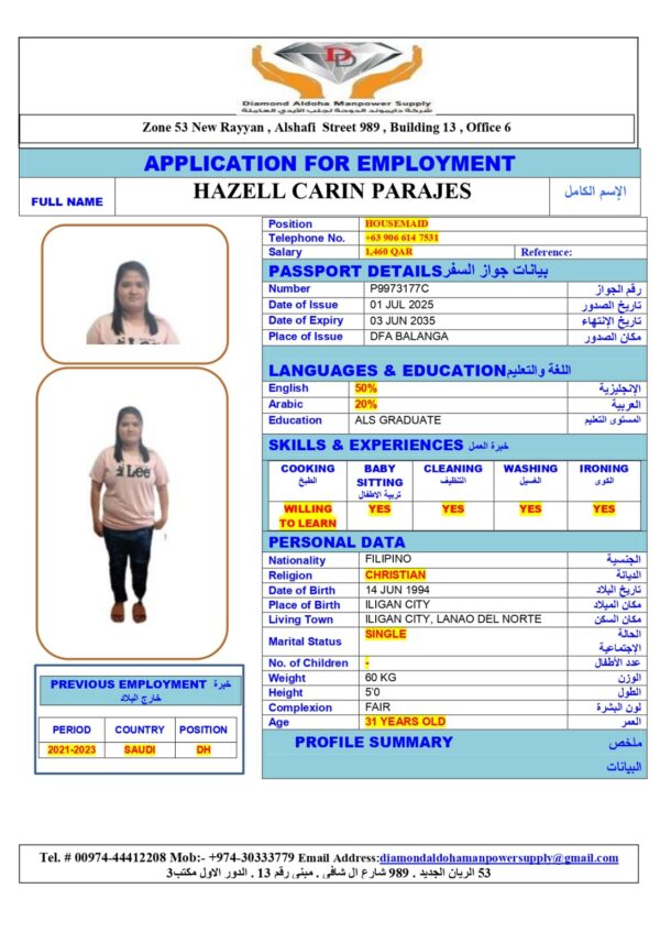 HAZELL CARIN <br><br> Domestic Worker – Philippines