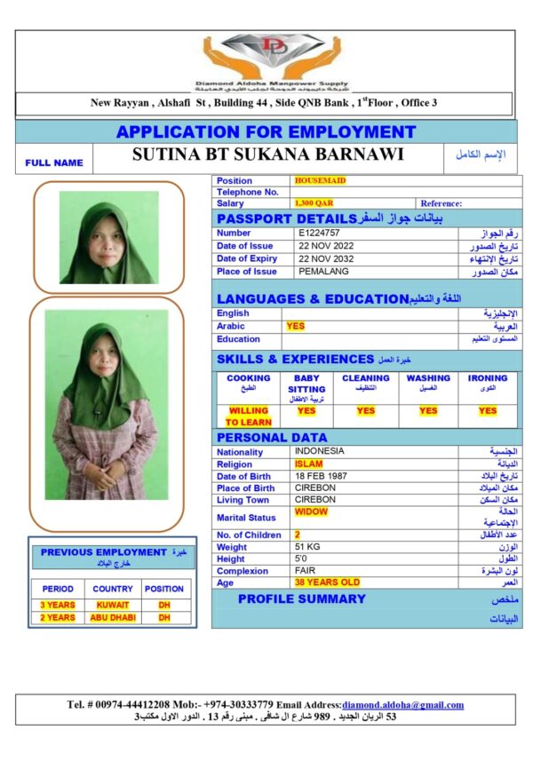 SUTINA BT <br><br> Domestic Worker –  Indonesia