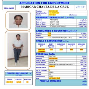 MARICAR CHAVEZ<br><br> Domestic Worker –  Philippines