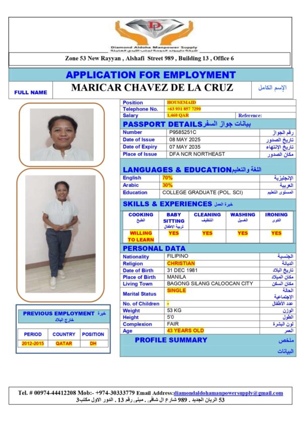 MARICAR CHAVEZ<br><br> Domestic Worker –  Philippines