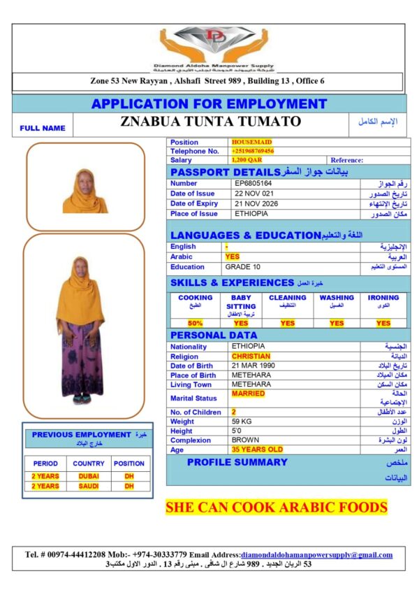 ZNABUA TUNTA<br><br> Domestic Worker - Ethiopia