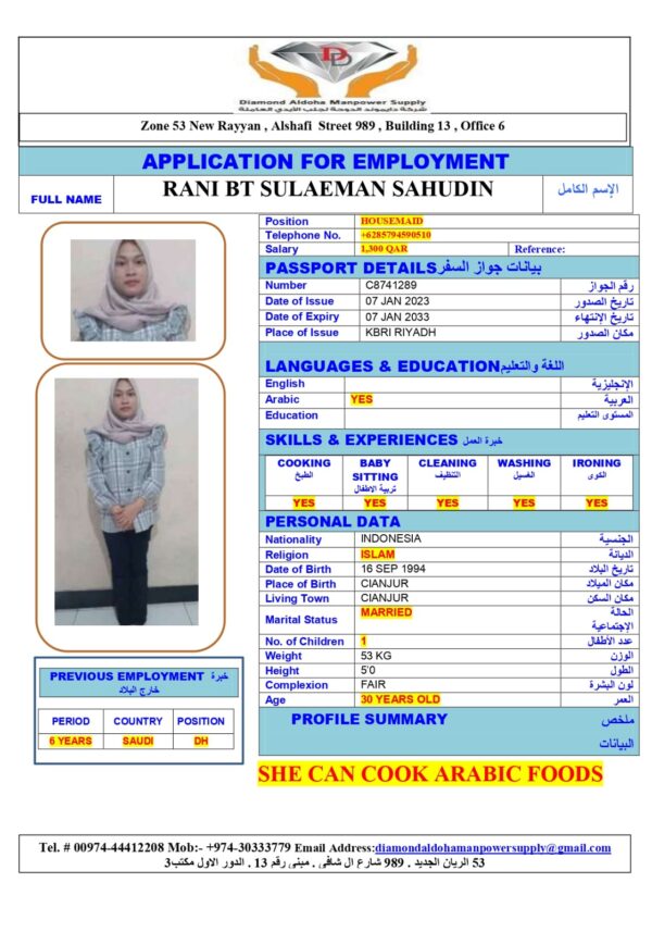 RANI BT SULAEMAN<br><br> Domestic Worker –  Indonesia