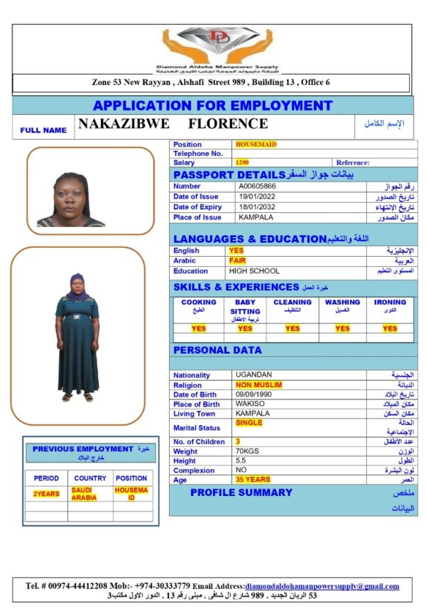 NAKAZIBWE FLORENCE<br><br> Domestic Worker –  Uganda
