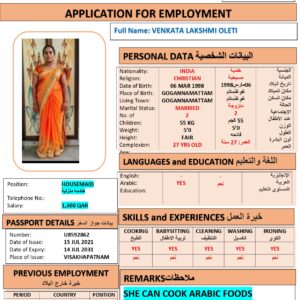 VENKATA OLETI   Domestic Worker - INDIA